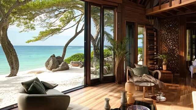 A large living room with a view of the ocean. The room is furnished with a couch, chairs, and a coffee table