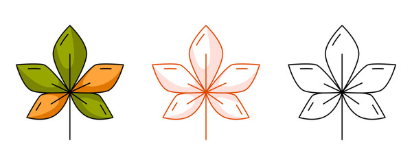 Autumn green and orange chestnut leaf, colorful and line icon set. Fall seasonal concept, vector flat outline icon, monochrome red, color illustration. For logo, sticker, coloring book, label, emblem