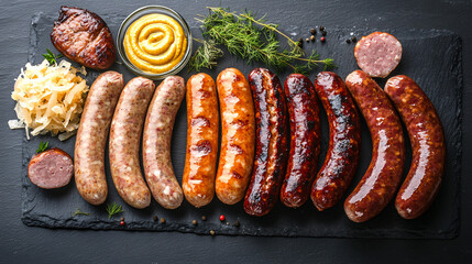 Assorted sausages with mustard and sauerkraut on a slate background, high resolution