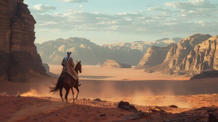 A horse rider traverses a vast desert landscape with majestic mountains at dusk