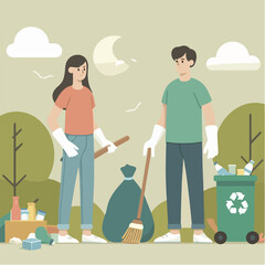 people cleaning nature by collecting garbage into trash bags. Family working together and picking plastic litter. Colored flat vector illustration isolated on white background