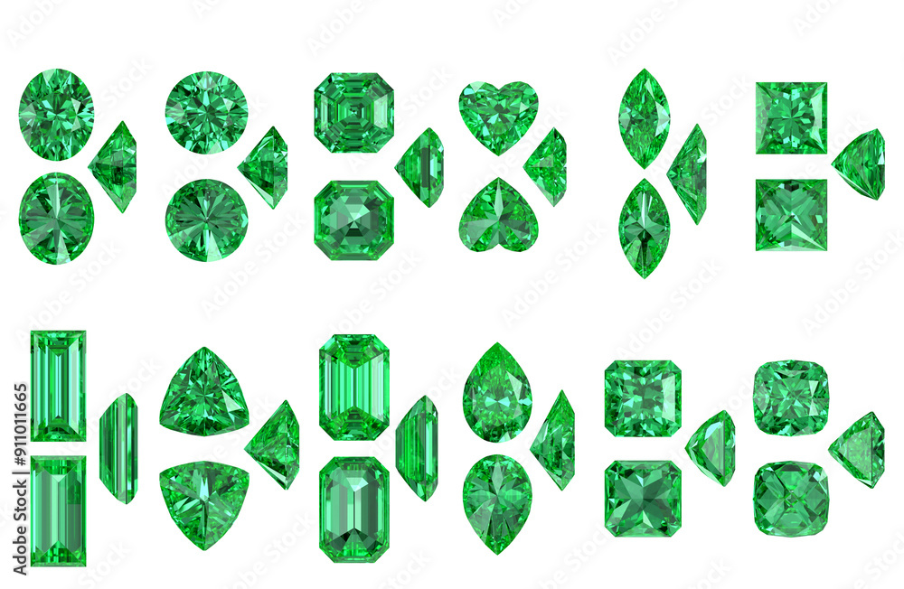 Poster 3d rendering emerald diamonds multiple type isolated background in top view