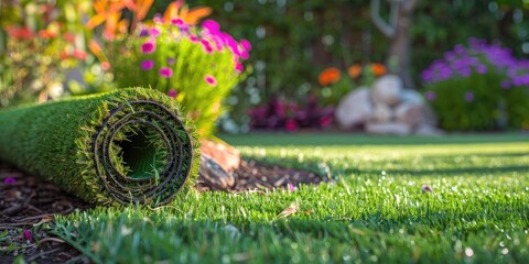 A rolled-up artificial grass lawn in a garden.