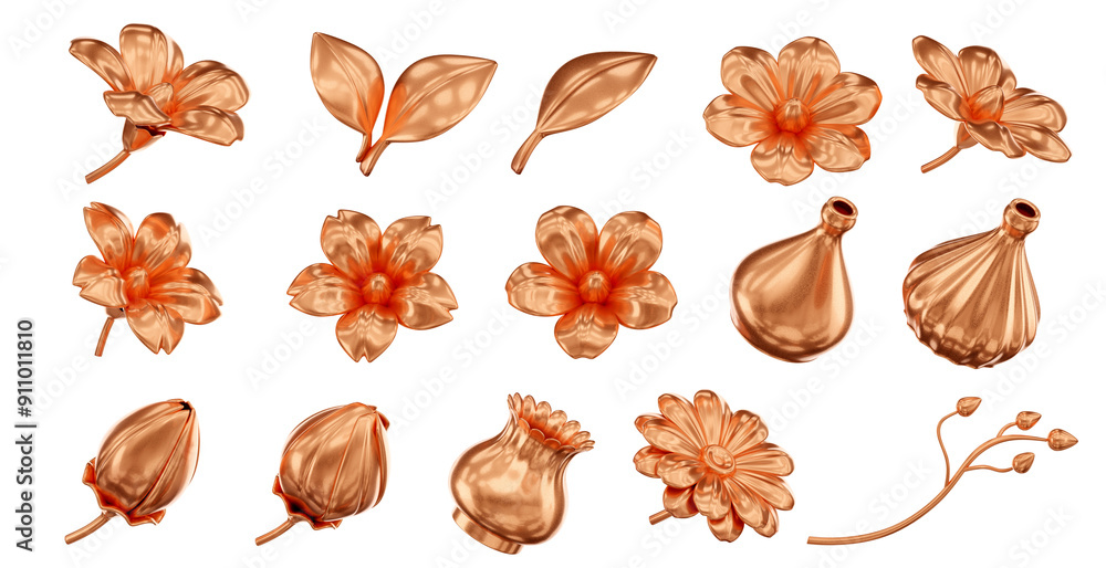 Aufkleber gold flower geometry shape set isolated background 3d rendering