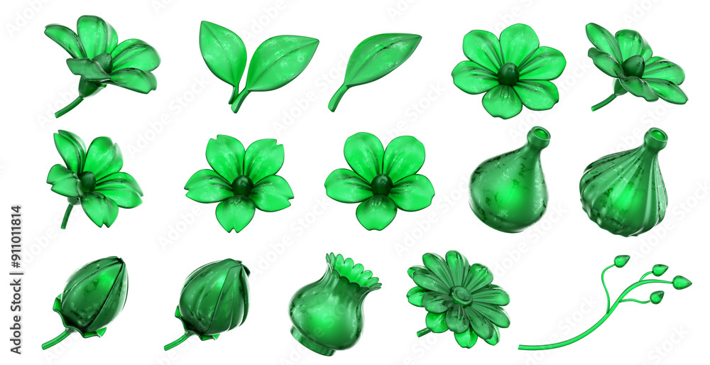 Aufkleber green crystal flower geometry shape set isolated background 3d rendering