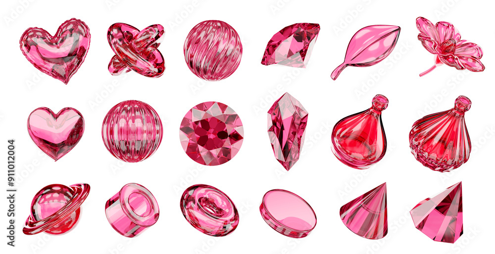 Poster red crystal objects decoration set pack isolated background 3d rendering