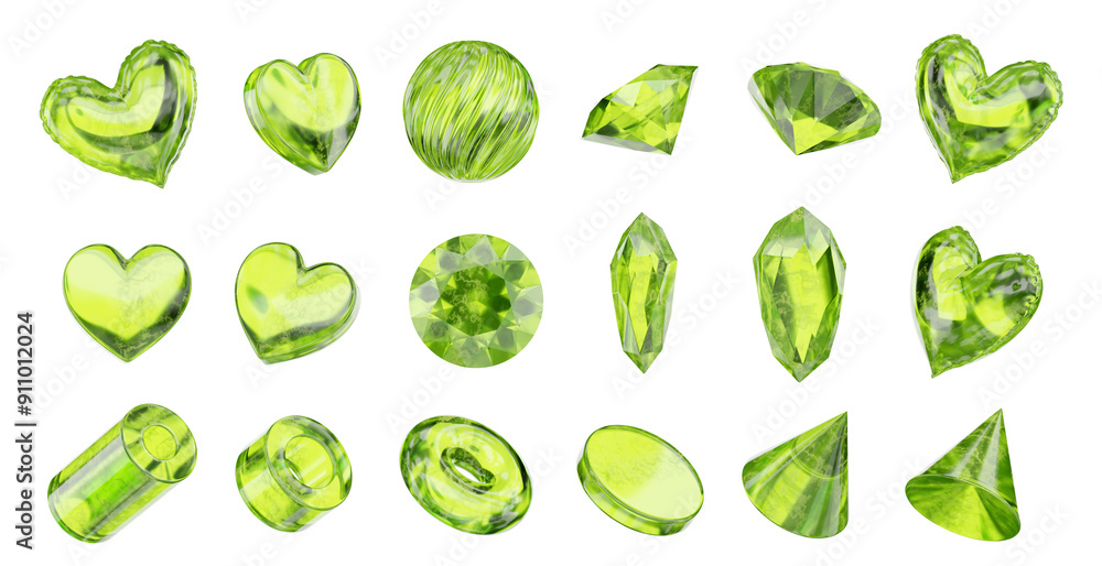Poster green crystal objects decoration set pack isolated background 3d rendering