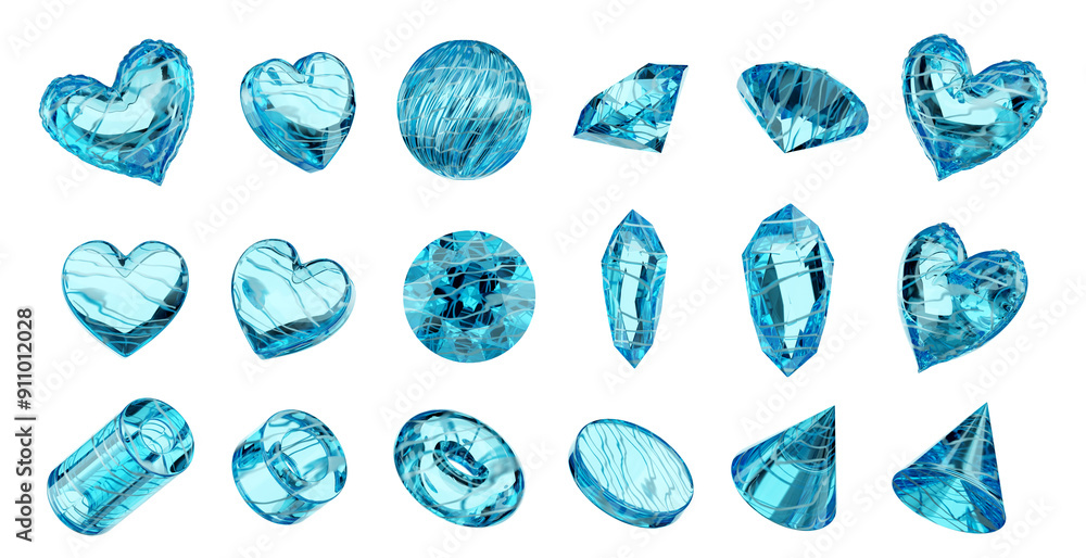 Aufkleber blue and texture crystal objects decoration set pack isolated background 3d rendering