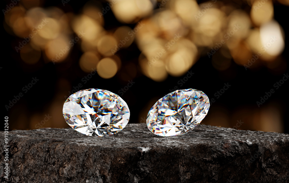 Poster two of diamond placed on stone platform background soft focus 3d rendering