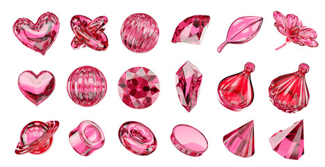 Red crystal objects decoration set pack isolated background 3d rendering