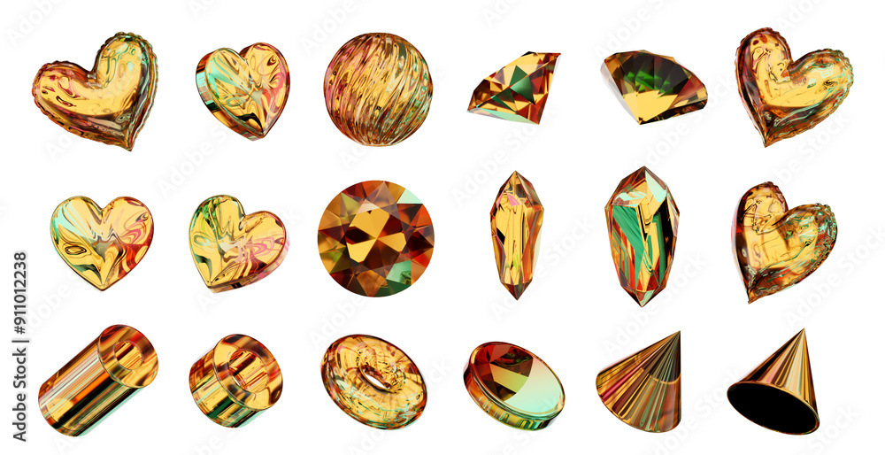 Poster gold crystal object geometry shape set isolated background 3d rendering