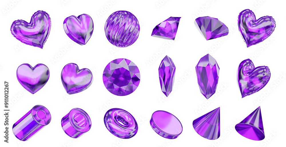 Poster purple crystal objects decoration set pack isolated background 3d rendering
