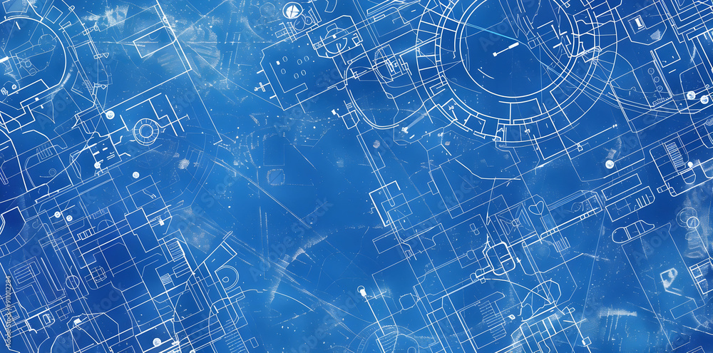 Poster blueprint background with white lines and blue background