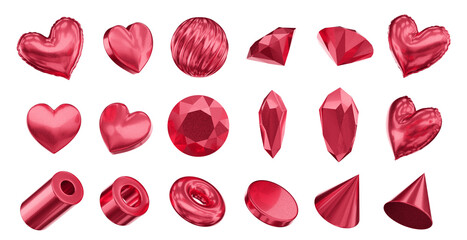 Red objects decoration set element for design pack isolated background 3d rendering	
