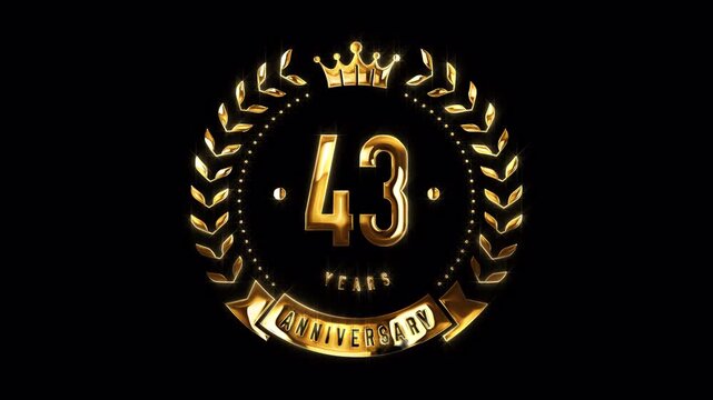 43rd Anniversary Celebration. Happy 43 Years Anniversary Animation in Gold Color on the Transparent Background, Alpha Channel. Great for greetings, celebrations, events, and gifts.