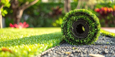 Artificial grass rolled out on a patio.