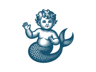 Cute baby mermaid boy. vintage engraving vector illustration. Logo, print, emblem