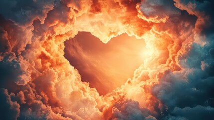 A fantastical depiction of a glowing heartshaped cloud amidst a colorful sky