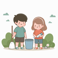 people cleaning nature by collecting garbage into trash bags. Family working together and picking plastic litter. Colored flat vector illustration isolated on white background