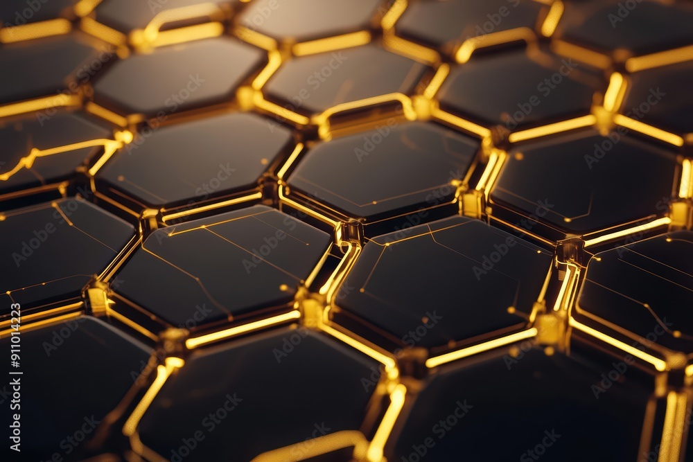 Poster a fantastical scene of luminous golden hexagons and network lines forming a complex digital pattern