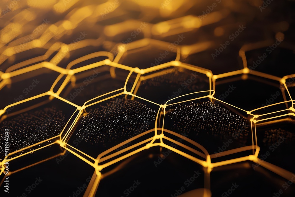 Poster a fantastical scene of luminous golden hexagons and network lines forming a complex digital pattern