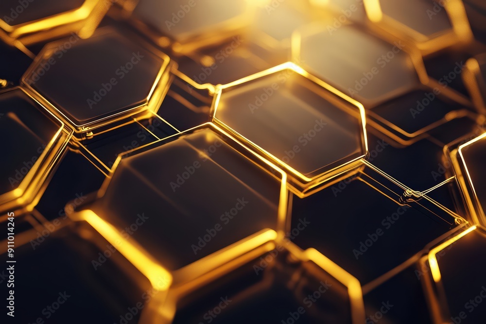 Poster a fantastical scene of luminous golden hexagons and network lines forming a complex digital pattern
