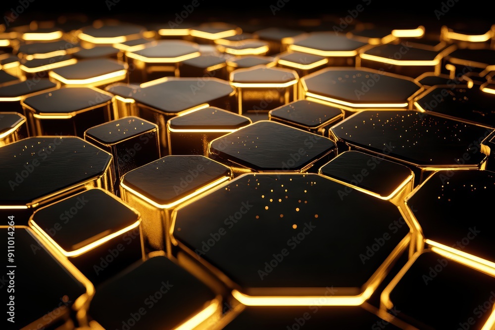 Poster a fantastical scene of luminous golden hexagons and network lines forming a complex digital pattern