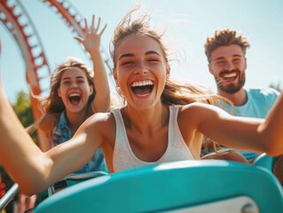 Obraz premium People enjoying a thrilling ride on the top of a roller coaster