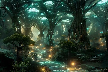A cybernetic forest with towering, bioluminescent trees and glowing pathways, inhabited by mechanical wildlife, in a blend of natural and synthetic materials, in a mystical, otherworldly style