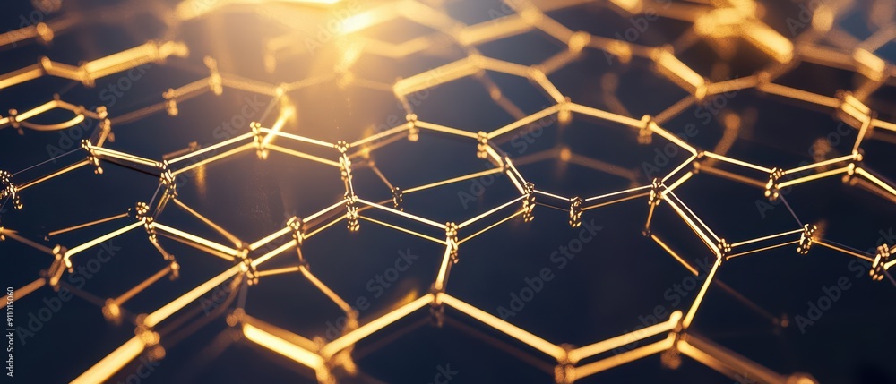 Poster a modern tech interface with glowing golden hexagonal patterns and intricate connections