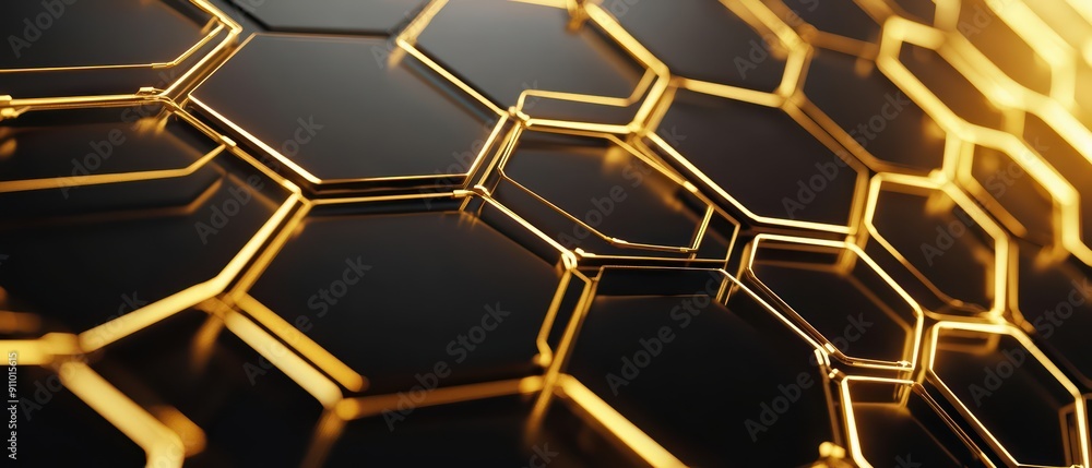 Poster a sophisticated digital background featuring interconnected golden hexagons and network lines