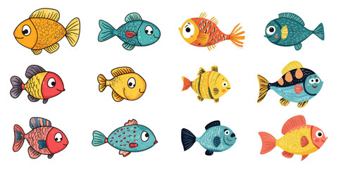 Set of cute childish fish drawn on white background.
