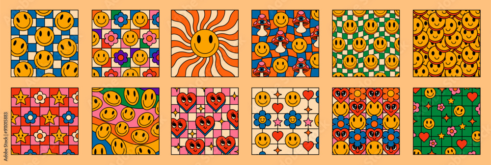 Poster set of groovy patterns. collection of comic funny emoticons backgrounds. psychedelic trippy vector i