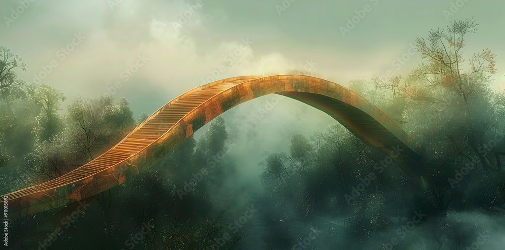 Poster Wooden Bridge Through Misty Forest - Illustration