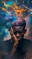 Image shows a contemplative Black man with eyes closed and colorful abstract patterns above his head. Surreal atmosphere conveys deep thought and creativity.