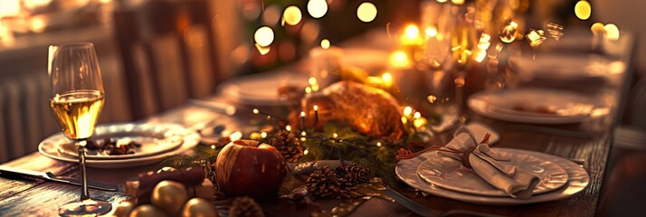 Fototapeta premium A holiday dinner table set with a roasted turkey, decorated with ornaments, pinecones, and glowing candles, perfect for family gatherings.