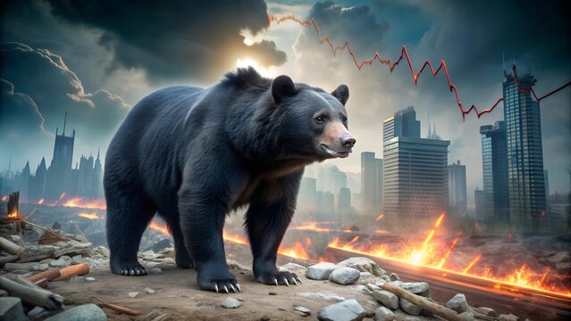 Stock Market Chart Trampled by Large Black Bear. Perfect for: Financial crisis events, Economic forums, Market analysis presentations