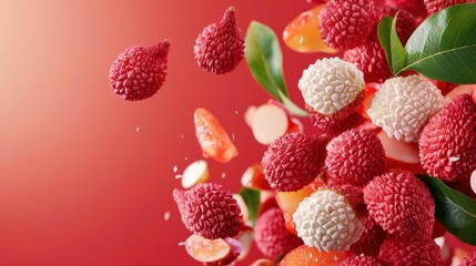 Abstract explosion of Thai lychee, with colorful, juicy fruits and vibrant colors flying in an empty space