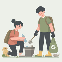 Fototapeta premium people cleaning nature by collecting garbage into trash bags. Family working together and picking plastic litter. Colored flat vector illustration isolated on white background