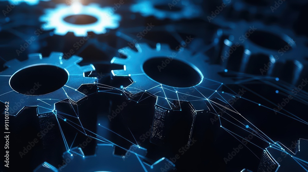 Poster an intricate line of glowing blue gears composed of connected digital nodes and lines