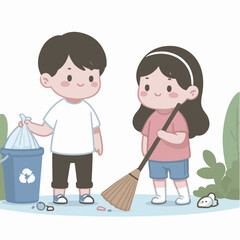 people cleaning nature by collecting garbage into trash bags. Family working together and picking plastic litter. Colored flat vector illustration isolated on white background