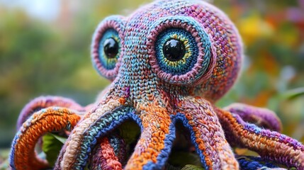 Obraz premium A knitted octopus with big, expressive eyes, intricately detailed with colorful yarn --ar 16:9