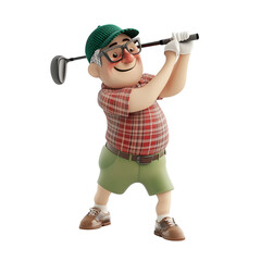 Cheerful Senior Golfer: 3D Cartoon Character Swinging Club in Plaid Shirt and Green Cap for Sports Illustrations
