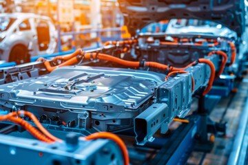 Close-up of electric vehicle battery pack on the mass production assembly line.