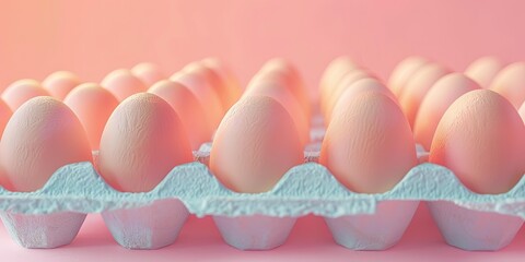 Pink eggs in a blue carton.
