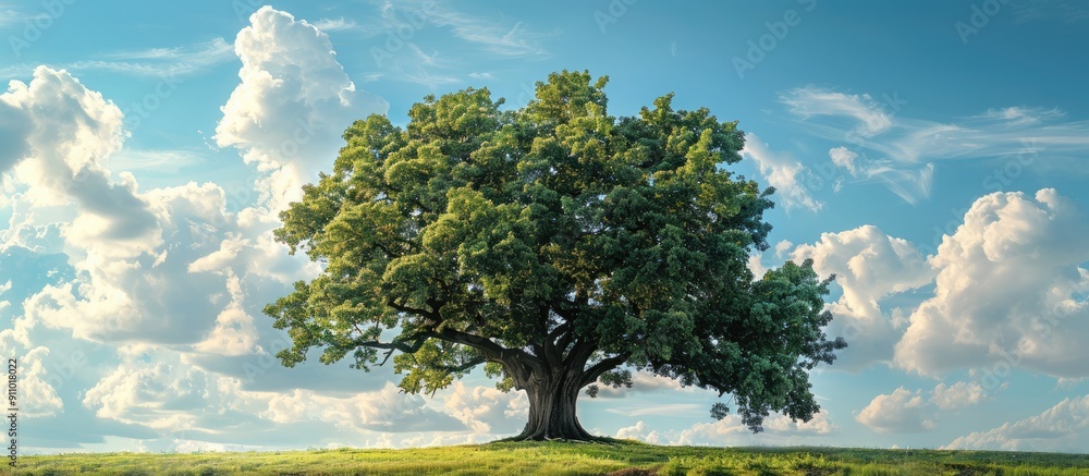 Poster scenic view of a large tree against a backdrop of sky and clouds, perfect for background copy space 