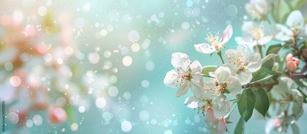 Poster spring abstract background featuring blooming apple tree branches with soft focus, perfect for easte