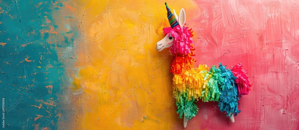 Poster top view of a pinata in the shape of a llama, set against a colorful background, ideal for adding te