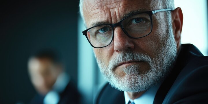 A close-up of a professional man wearing glasses and a suit, ideal for use in business or corporate settings