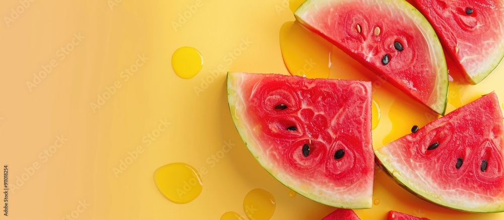 Poster juicy watermelon slices displayed on a colorful backdrop with copy space image.